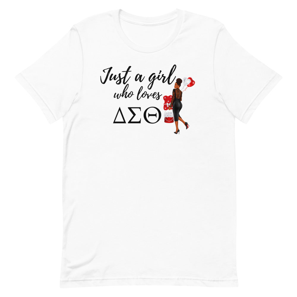 Just A Girl Who Loves ΔΣΘ T-Shirt (Black Writing)
